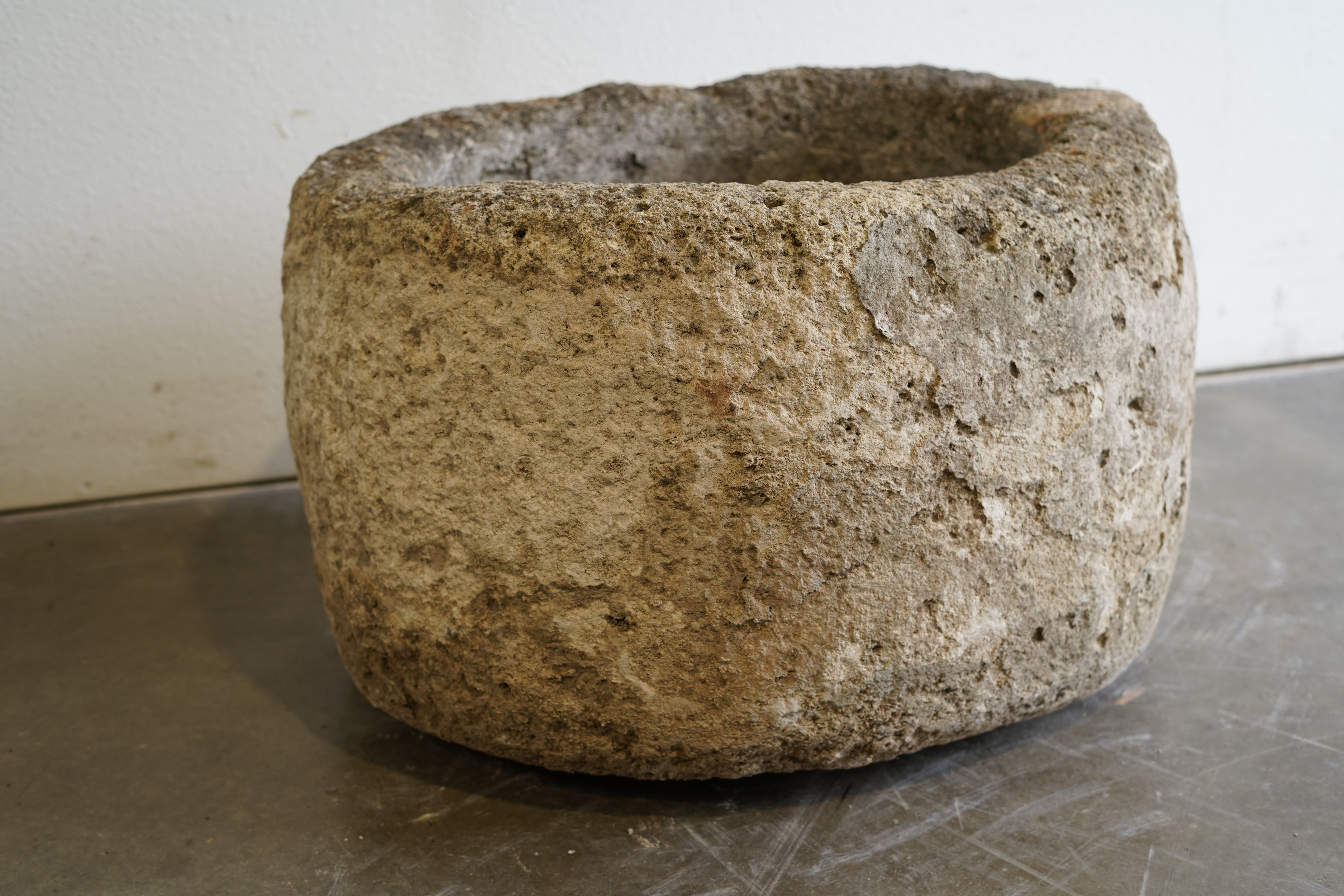 Alternate side of Round Vintage Limestone Planter