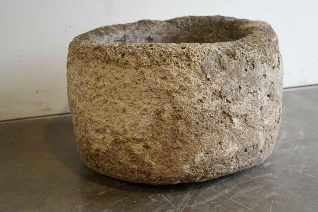 Alternate side of Round Vintage Limestone Planter