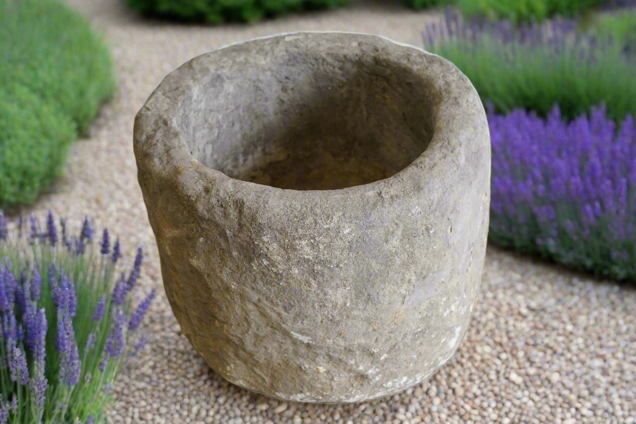 Top view of round limestone planter