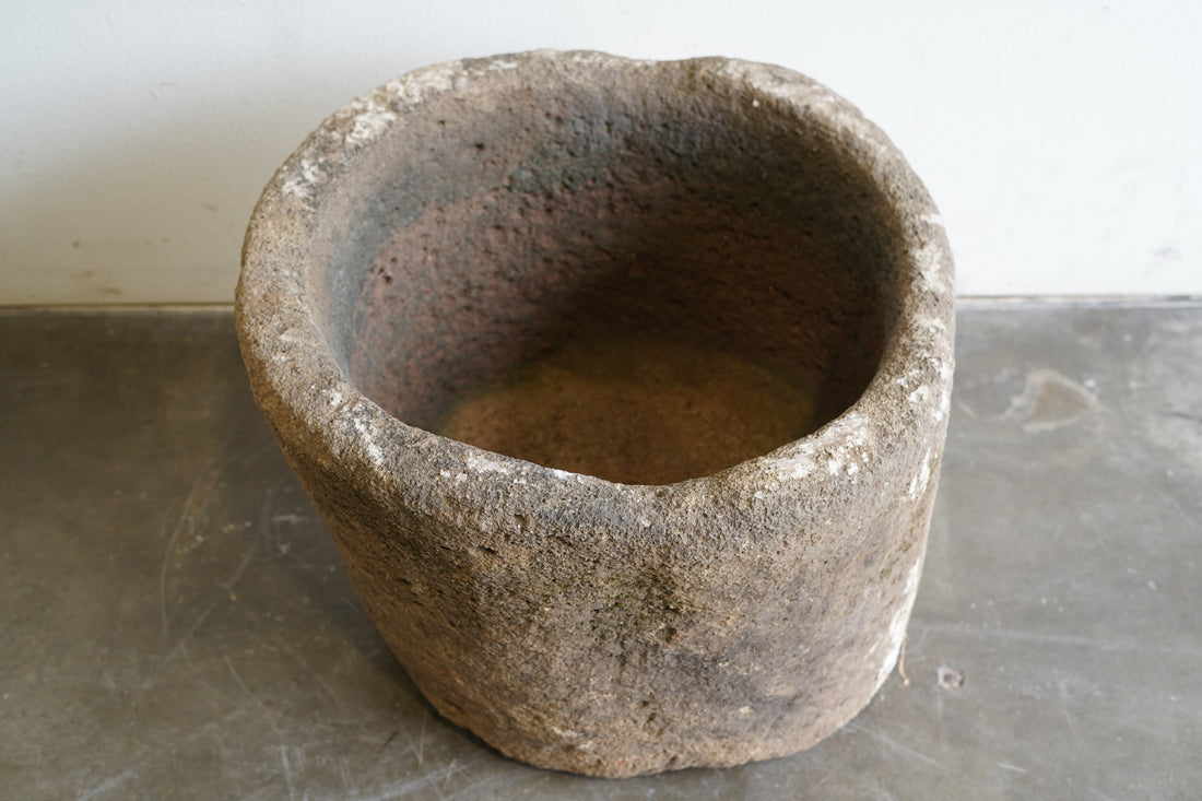 Top view of Vintage Hand-carved authentic limestone planter, fountain or fire pit