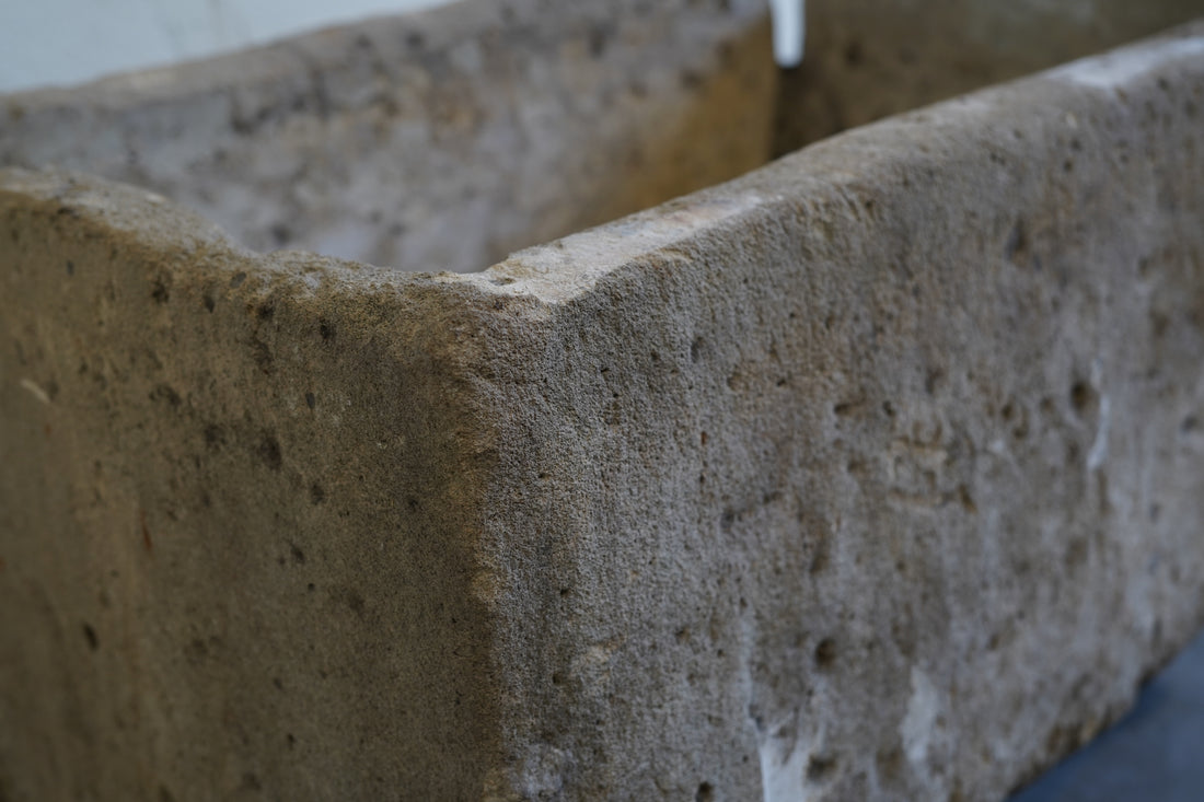 Close up of patina and natural aging on Vintage Limestone

Hand-carved, authentic limestone vessel
all limestone can be converted to fire pit or fountain
31" L x 21" W x 15" H