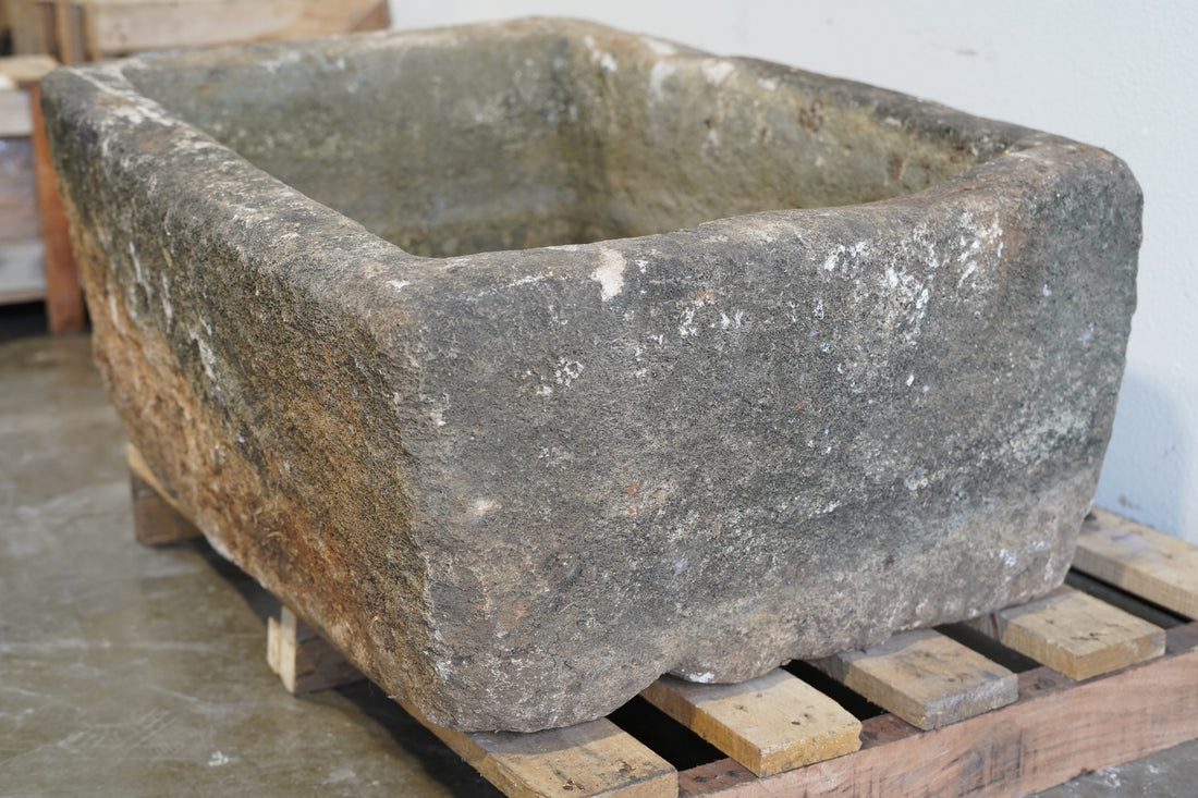 Vintage Limestone Planter&nbsp;

Hand-carved, decades old, natural aging, patina and character.&nbsp;

Dimensions: 36" L x 28" W x 18" H