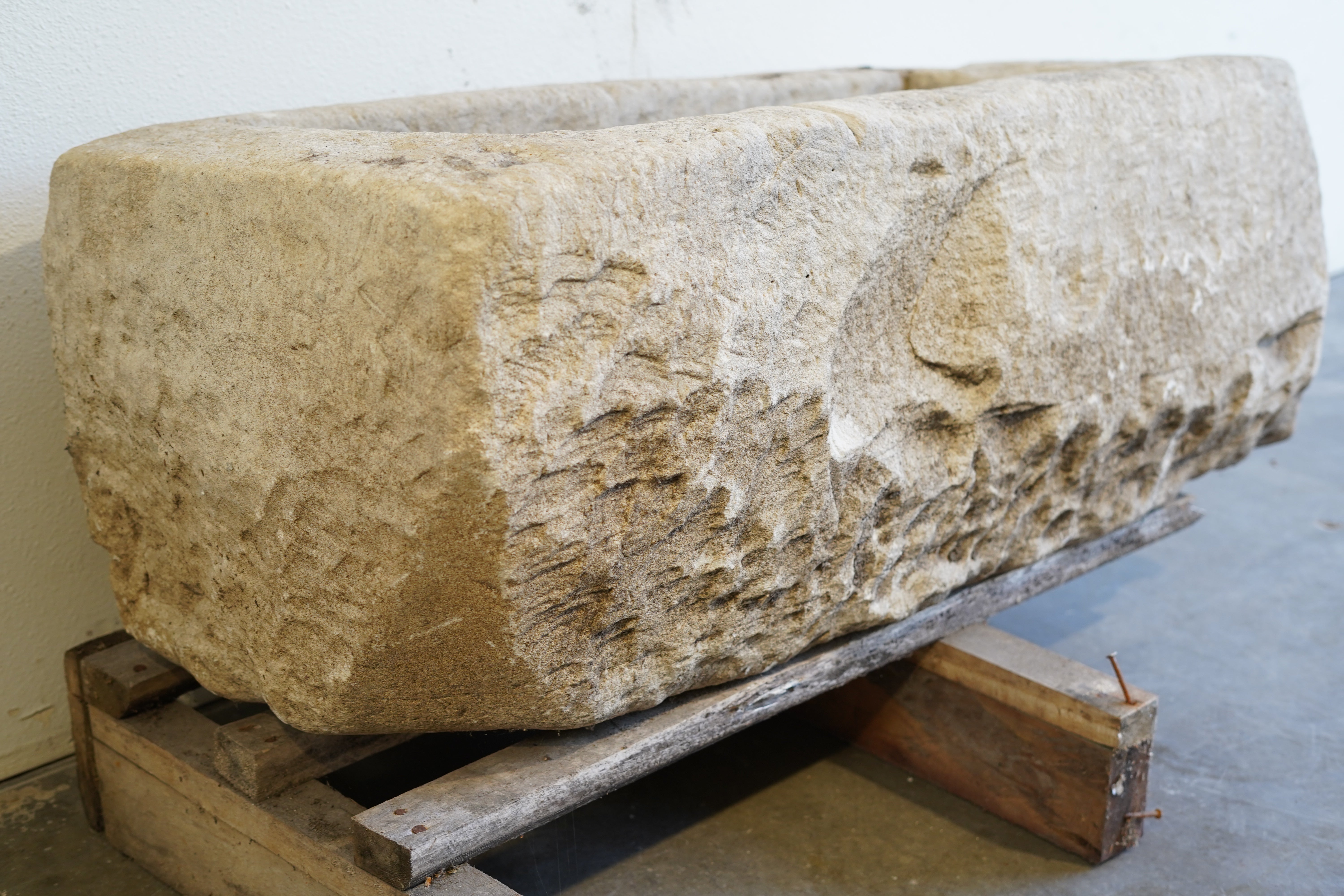 Close up of character for Vintage Limestone Trough

Beautiful character, carving
hand-carved, authentic limestone
Dimensions: 43" L x 19" W x 17" H