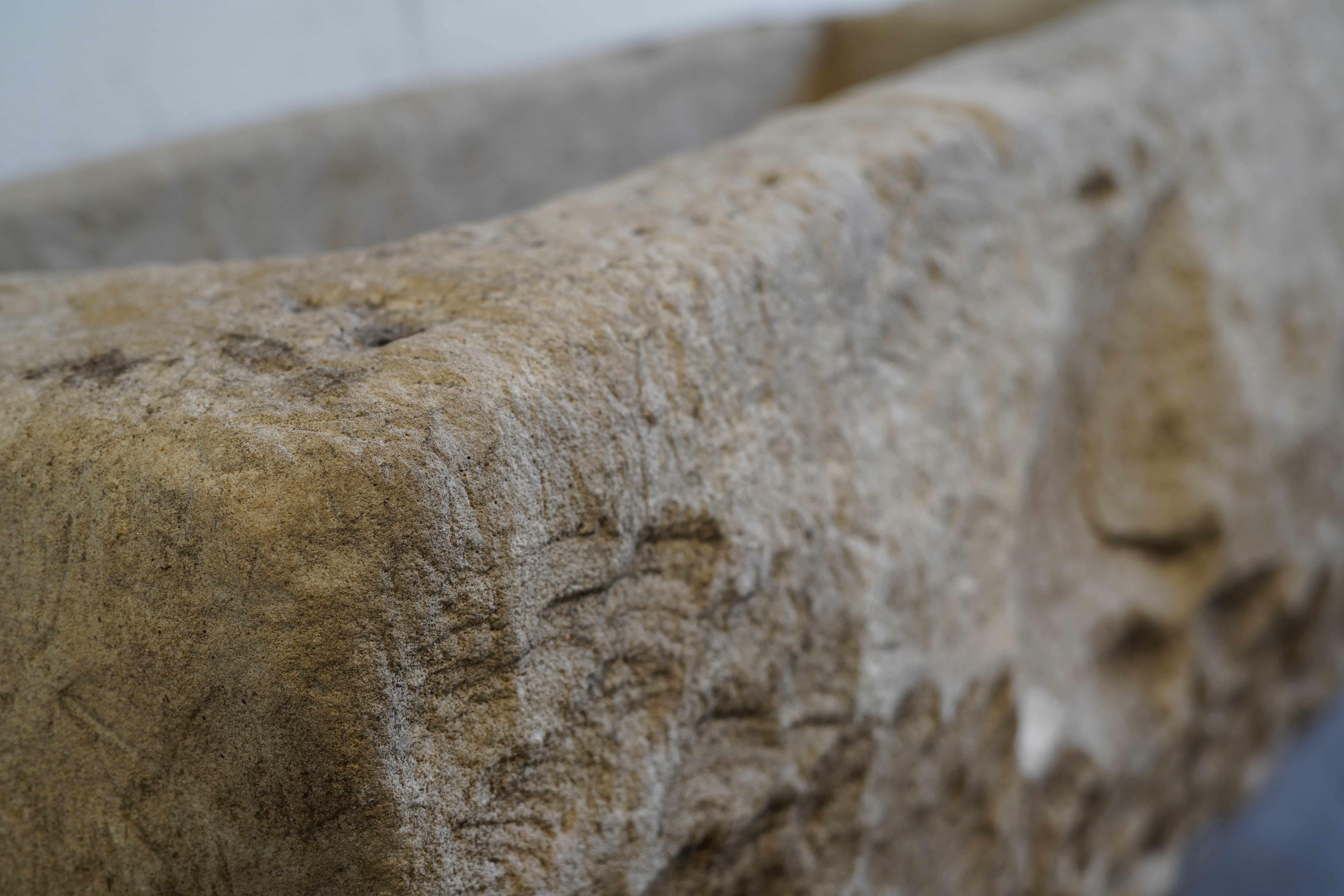 Close up of character for Vintage Limestone Trough

Beautiful character, carving
hand-carved, authentic limestone
Dimensions: 43" L x 19" W x 17" H