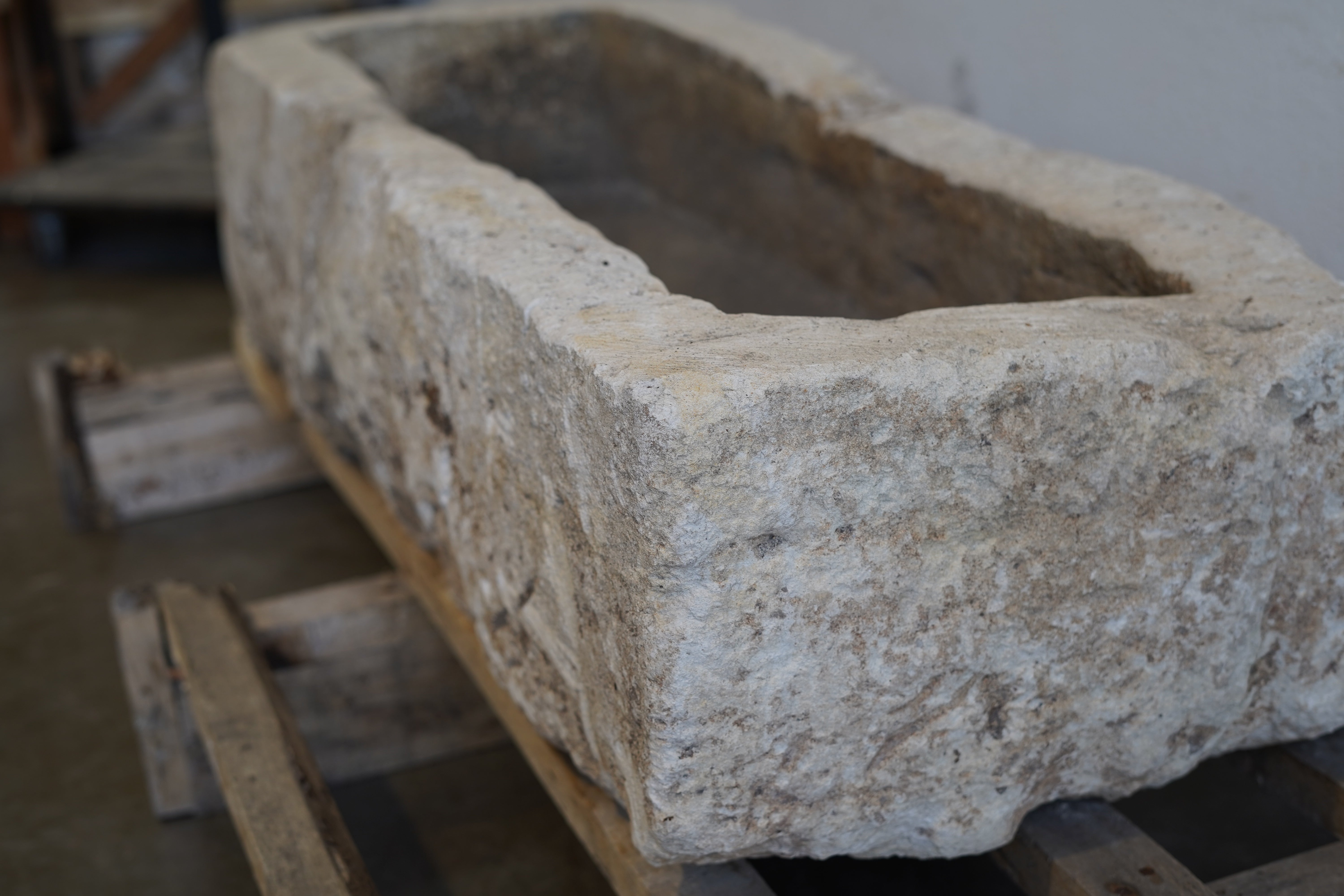 Side view of Vintage Limestone Trough

Hand-carved, authentic limestone
Beautiful exterior character, muted tones
47" L x 18" W x 12" H