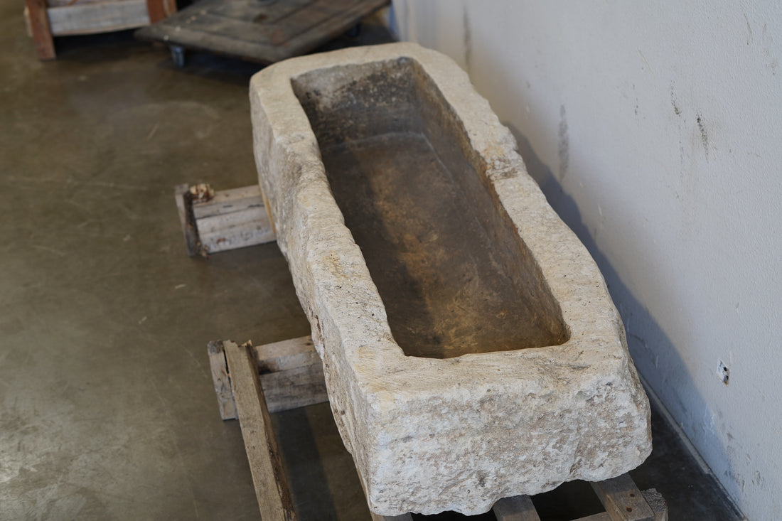 Top view of Vintage Limestone Trough

Hand-carved, authentic limestone
Beautiful exterior character, muted tones
47" L x 18" W x 12" H