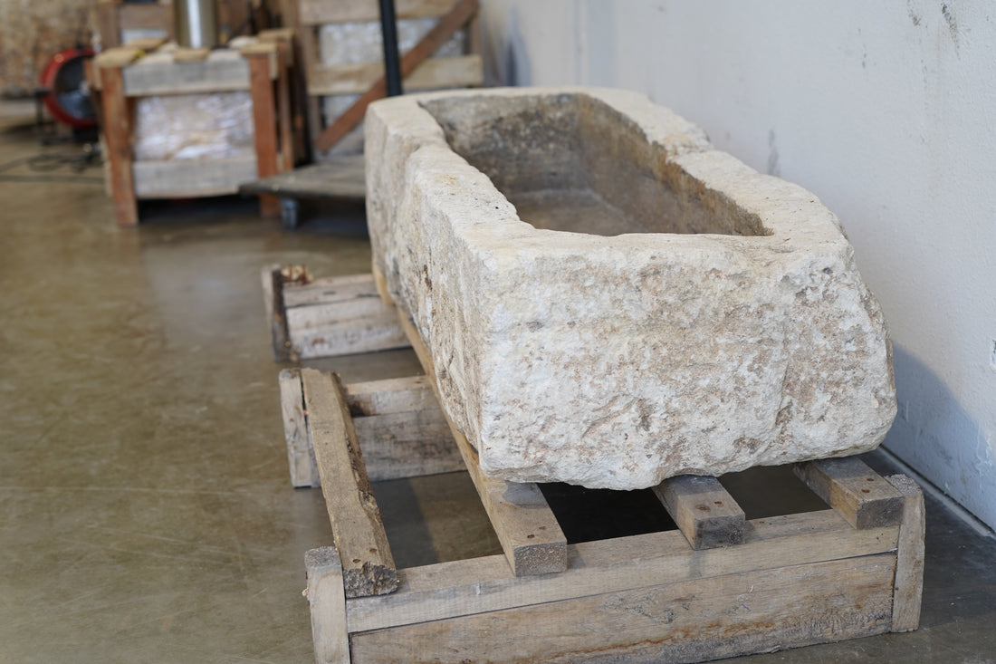 Side view of Vintage Limestone Trough

Hand-carved, authentic limestone
Beautiful exterior character, muted tones
47" L x 18" W x 12" H