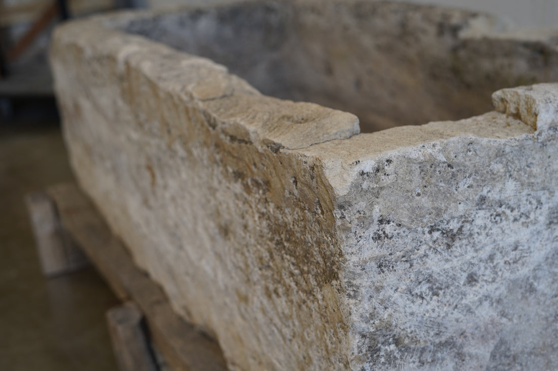 Close up of aging on Vintage Limestone Trough

hand-carved, authentic limestone
Size: 48" L x 24" W x 16" H