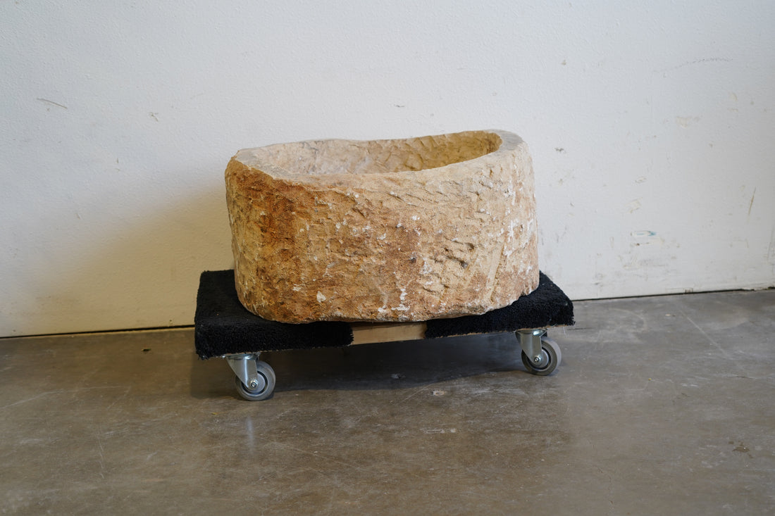 natural patina, alternative view of vintage limestone planter with uneven lip and beautiful patina.