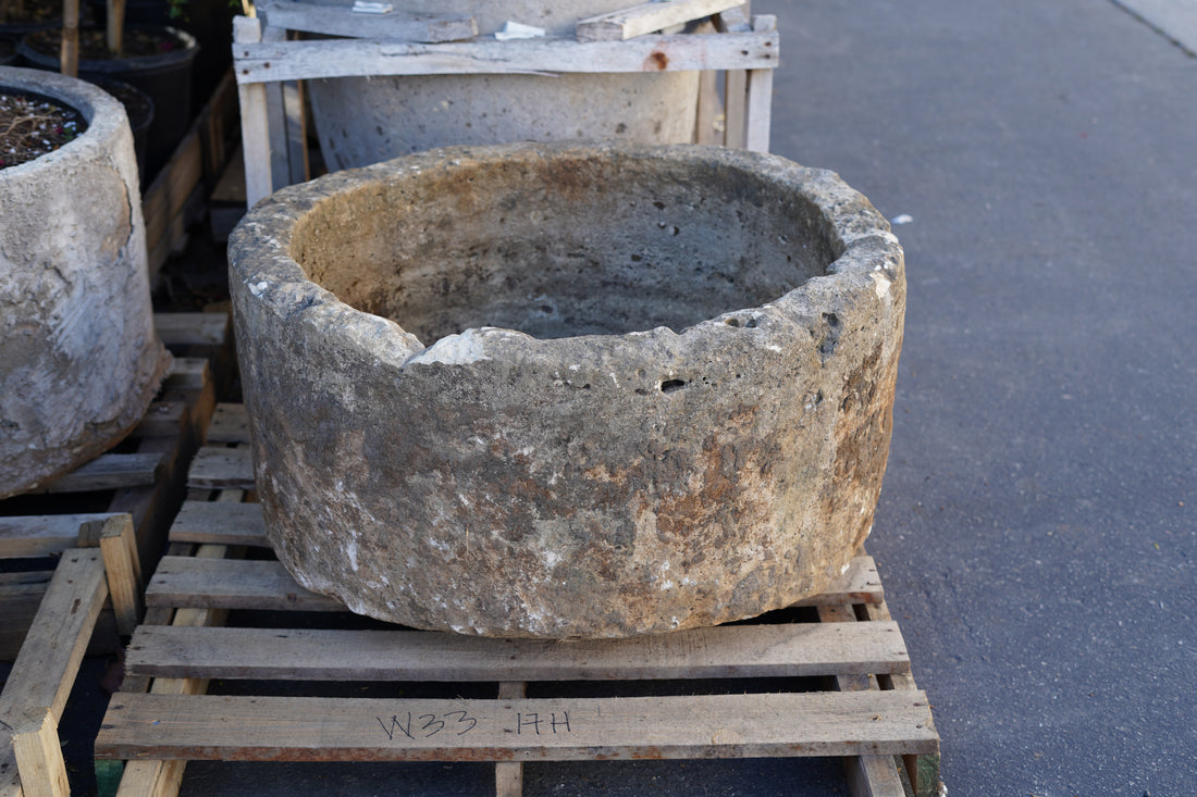 Low vintage hand carved limestone planter  17" H x 33" W