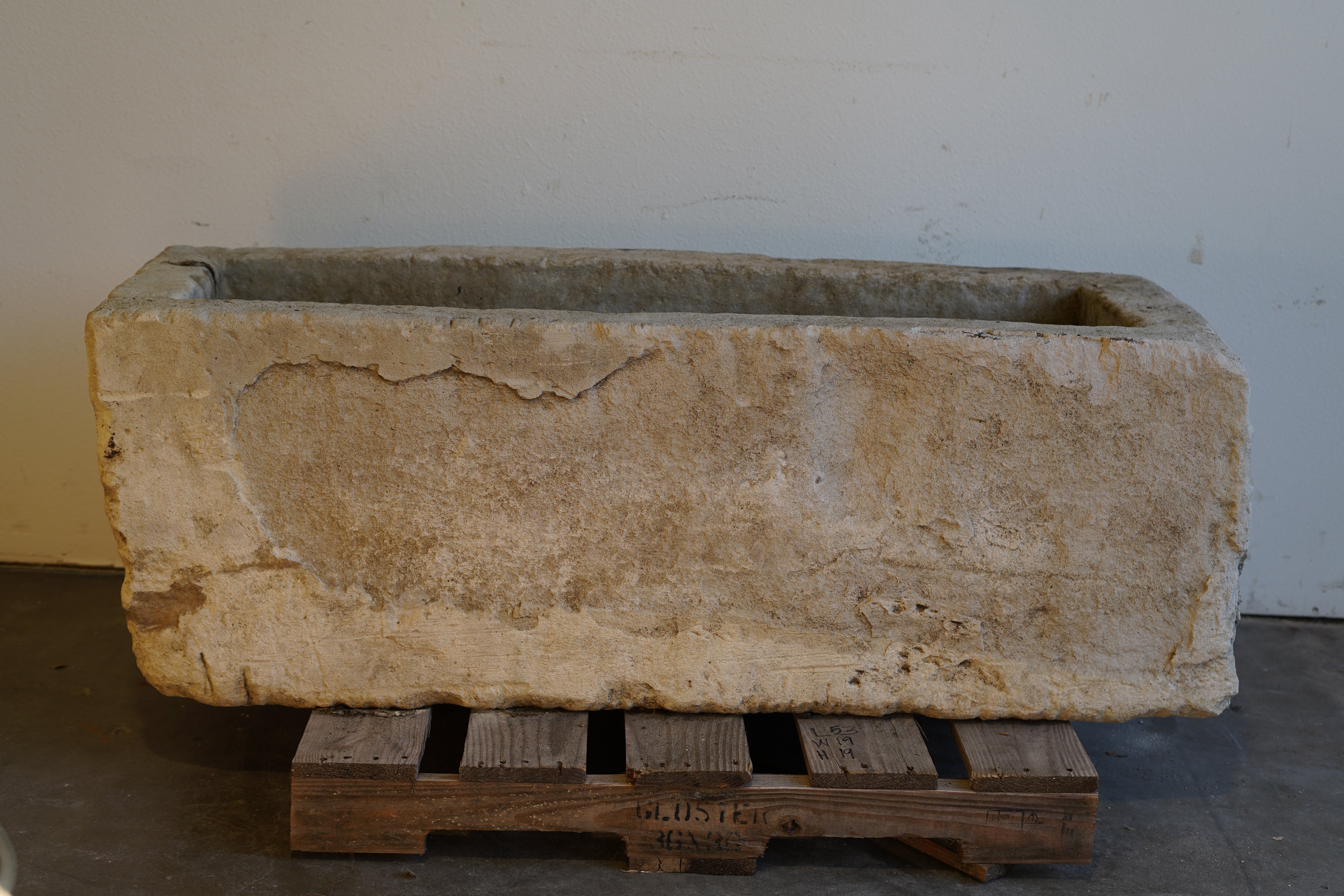 Vintage limestone planter with natural patina, rectangular shape