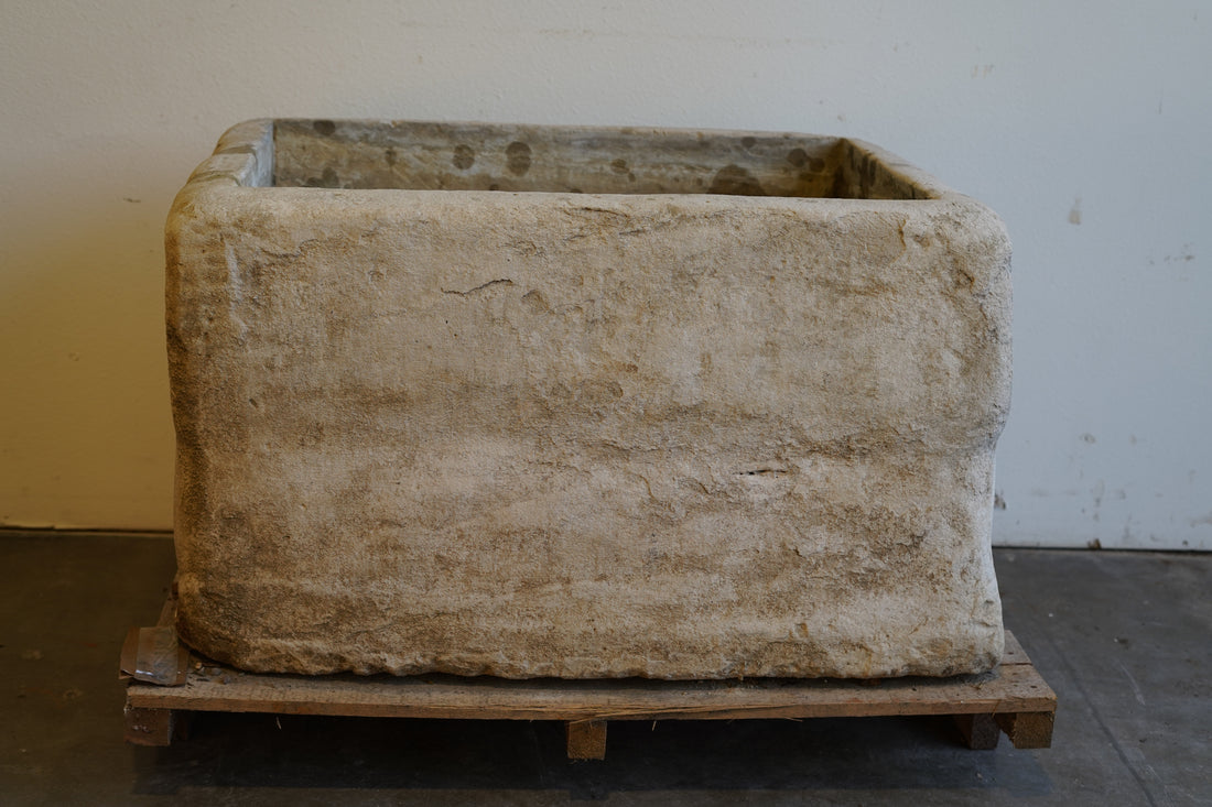Reclaimed limestone trough with rectangular shape and deep planting space, artisan garden container
