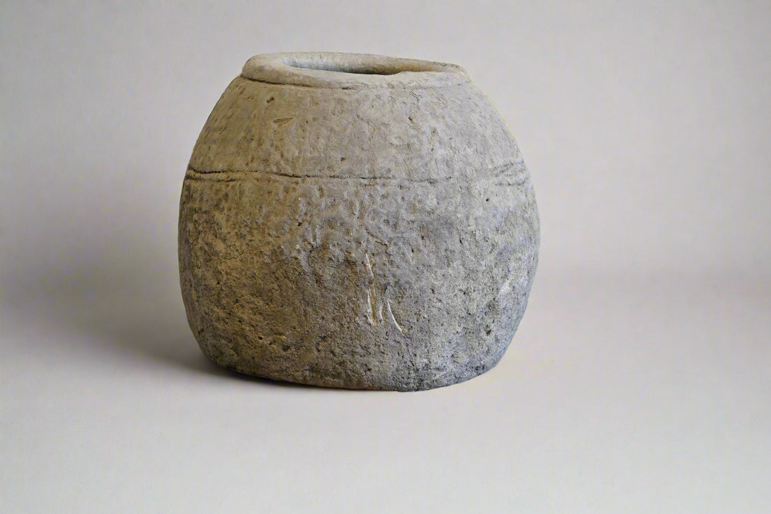 Vintage Round Limestone Planter - 20" H x 20"D