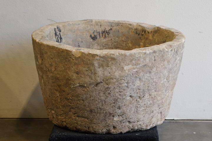 Vintage Hand-Carved Limestone Round Planter. Natural patina and aging over decades of use.