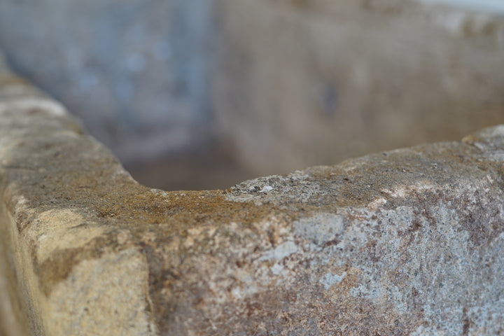 Close up of aging and natural patina on Vintage Limestone Trough

Hand-carved, authentic limestone trough

40" L x 20" W x 16" H