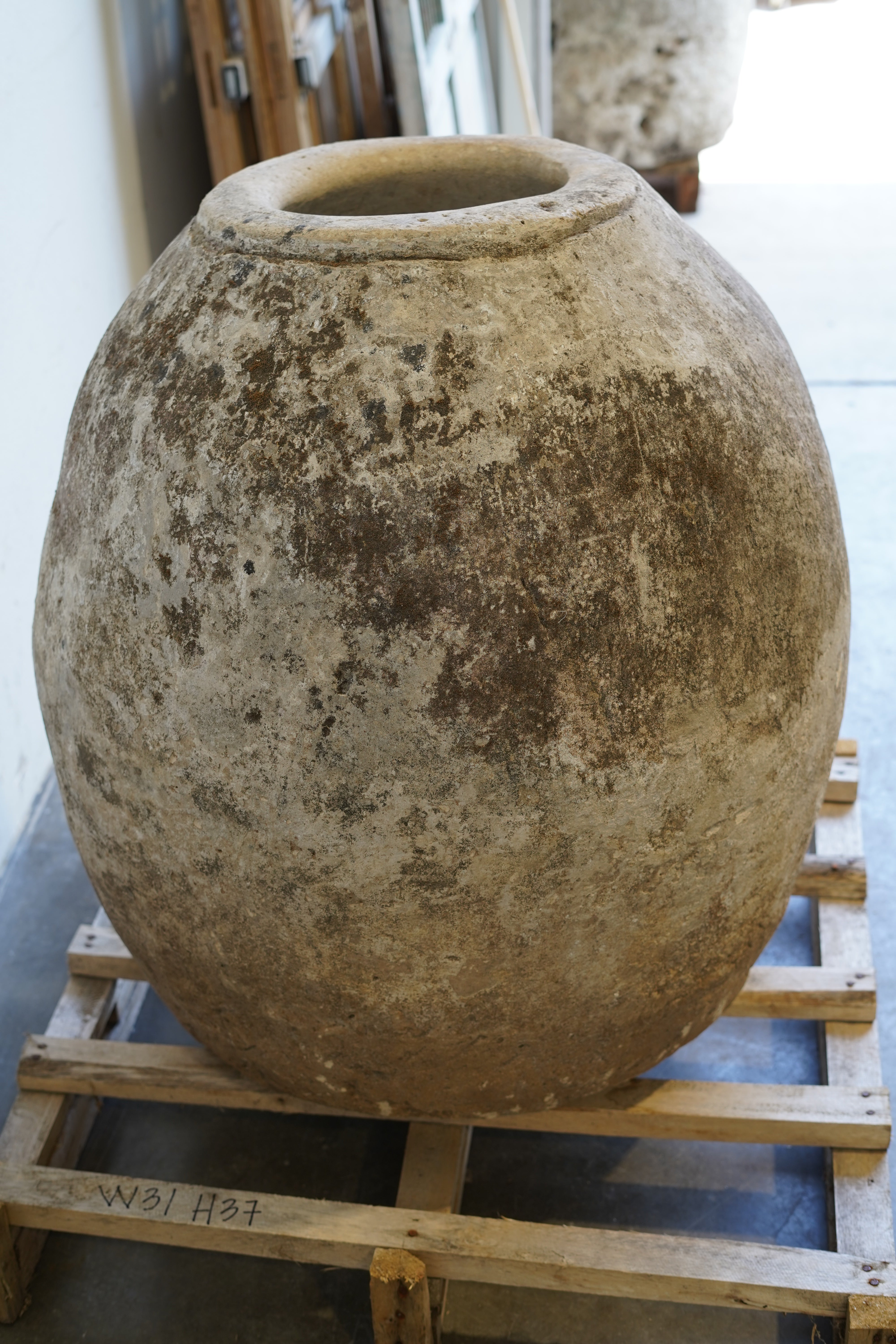Side View of Oblong vintage limestone planter 31" w x 37" h