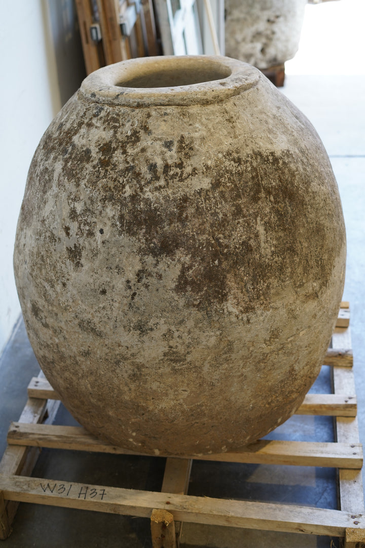 Side View of Oblong vintage limestone planter 31" w x 37" h