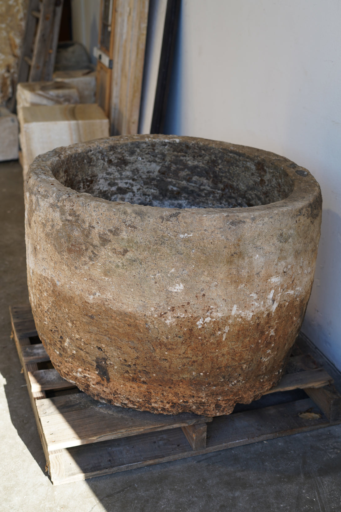 Vintage Authentic Limestone Round Planter 28" H x 34" D. 
