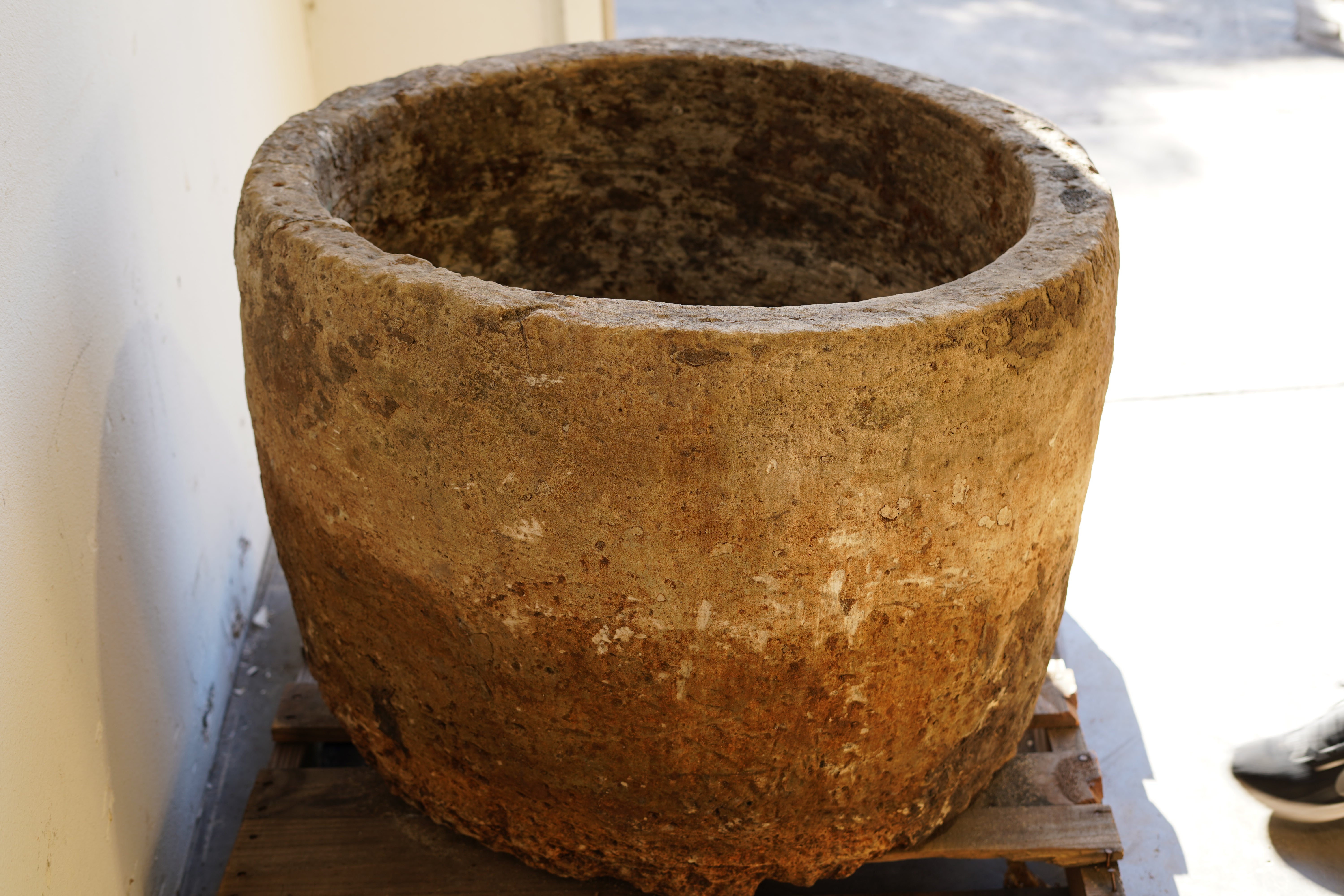 Vintage Authentic Limestone Round Planter 28" H x 34" D. 