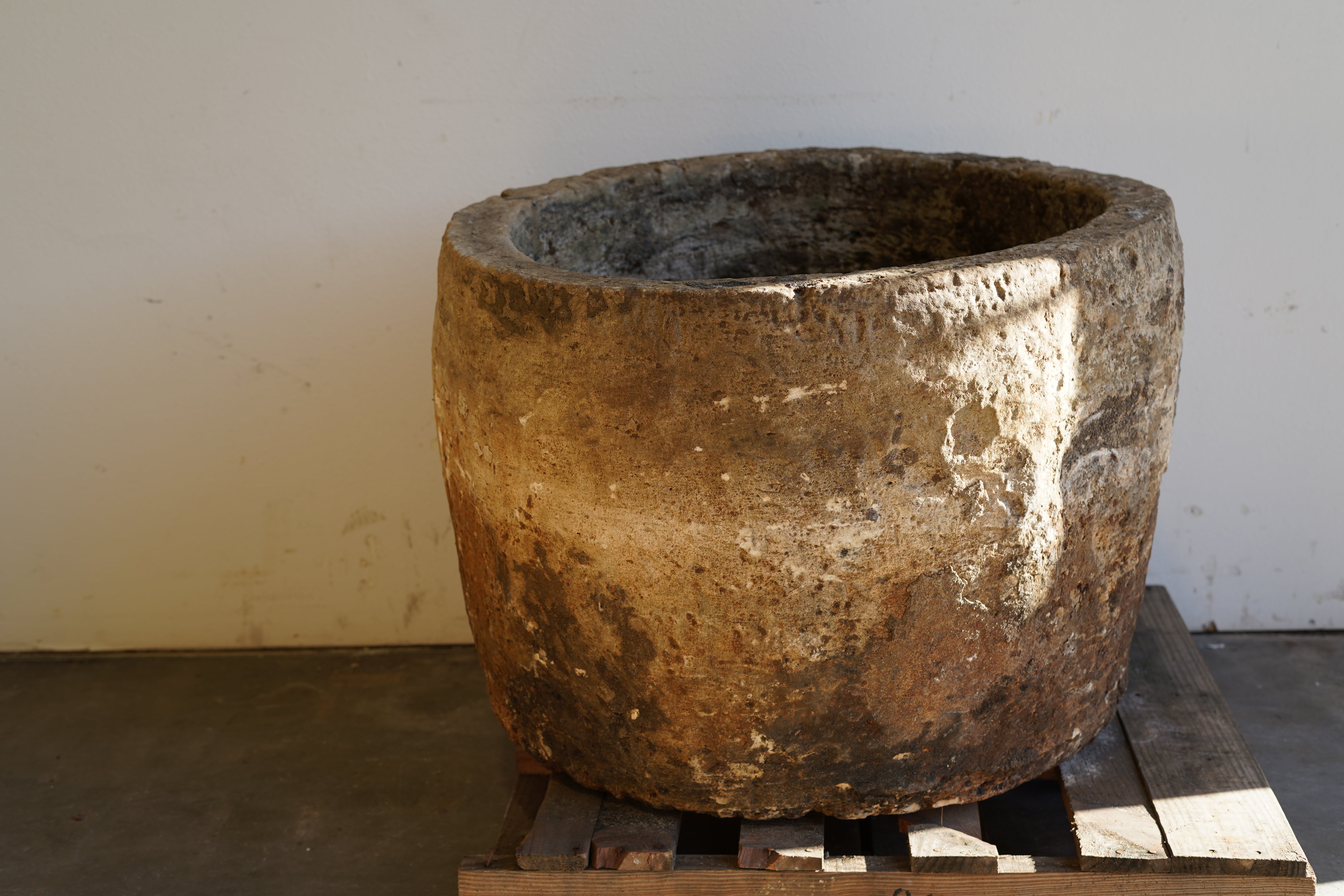 Vintage Authentic Limestone Round Planter 28" H x 34" D. Sunlight on partial.