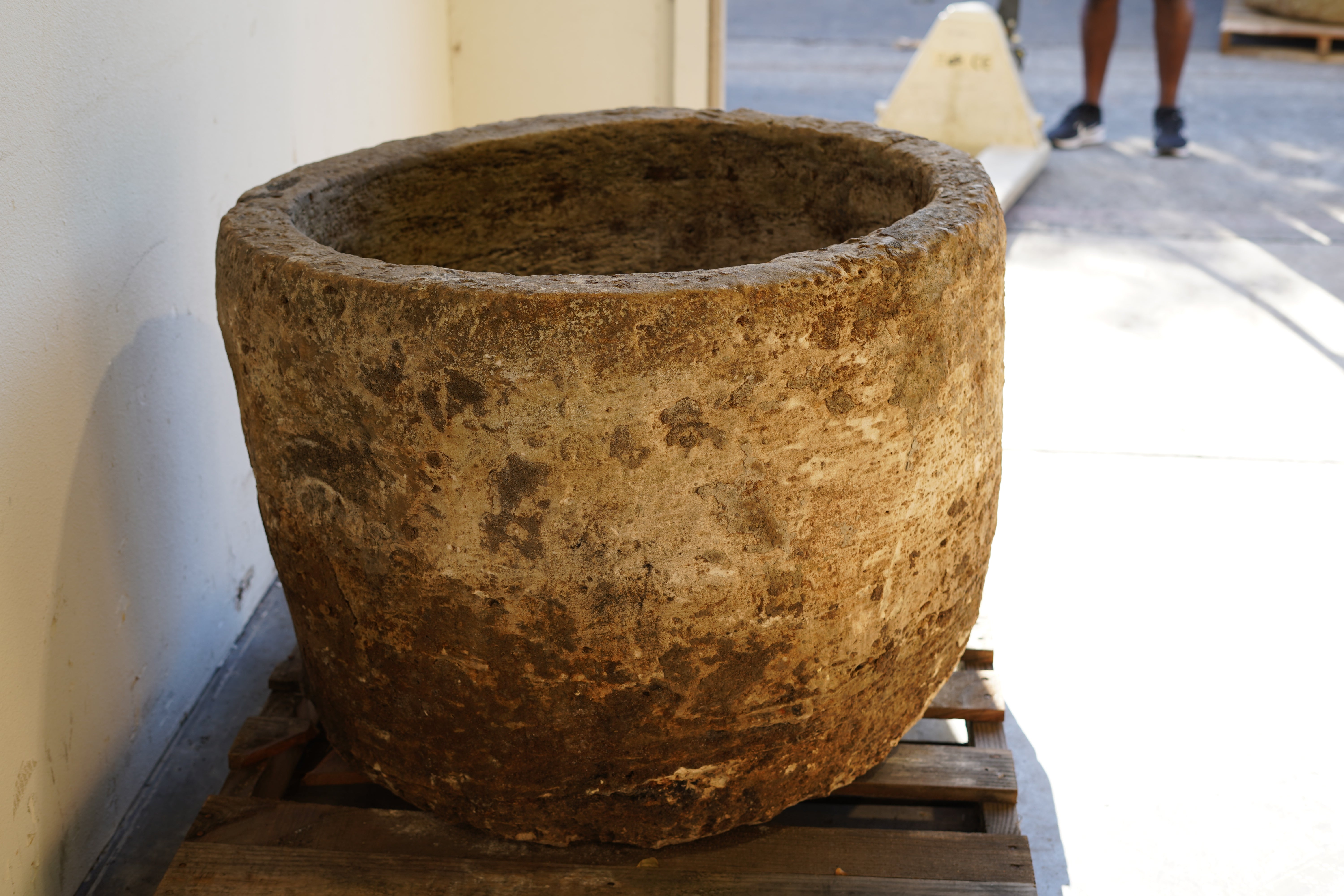 Other Side of Vintage Authentic Limestone Round Planter 28" H x 34" D. 