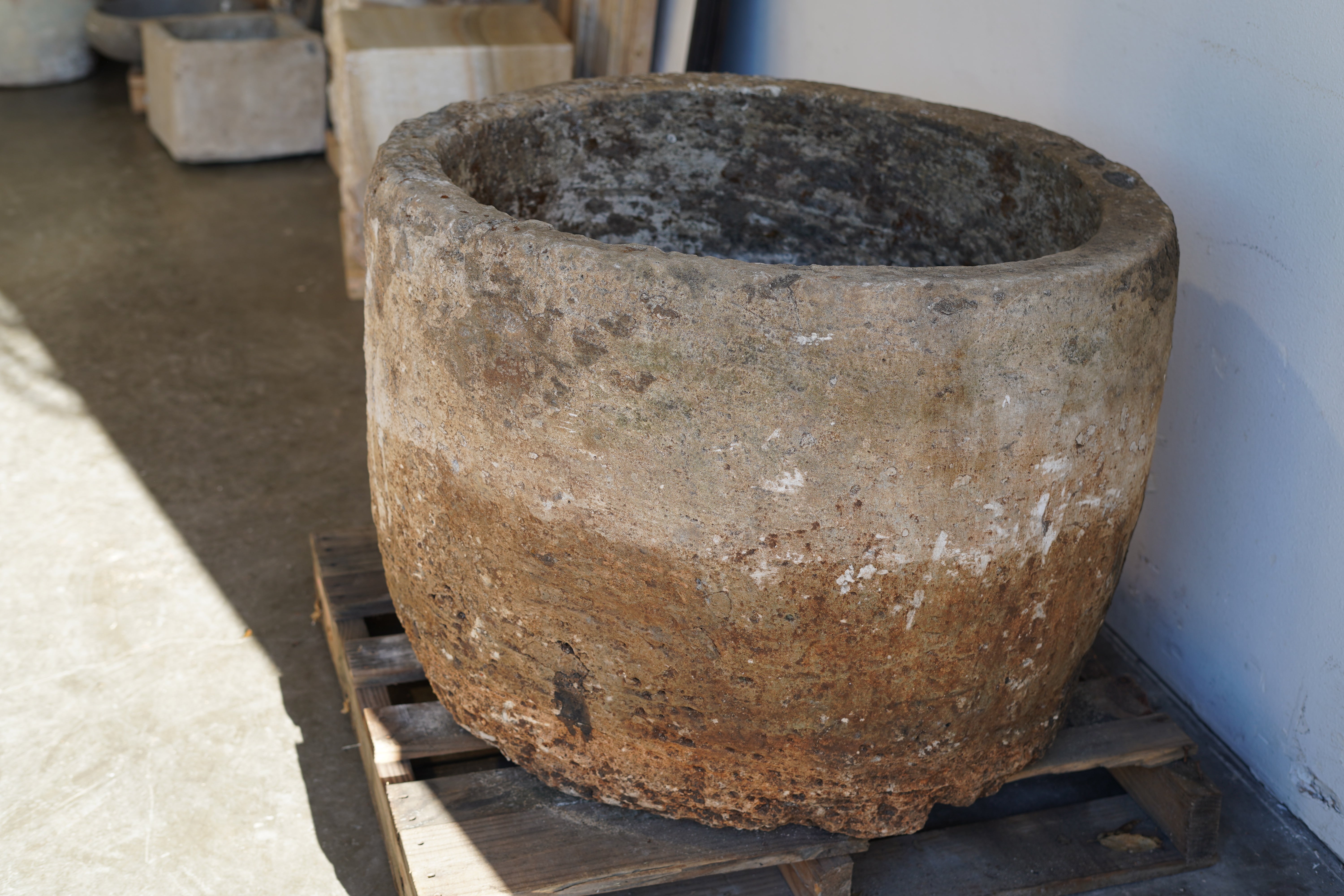 Vintage Authentic Limestone Round Planter 28" H x 34" D. 