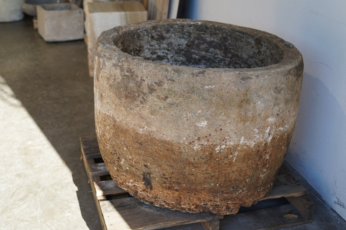 Vintage Authentic Limestone Round Planter 28" H x 34" D. 