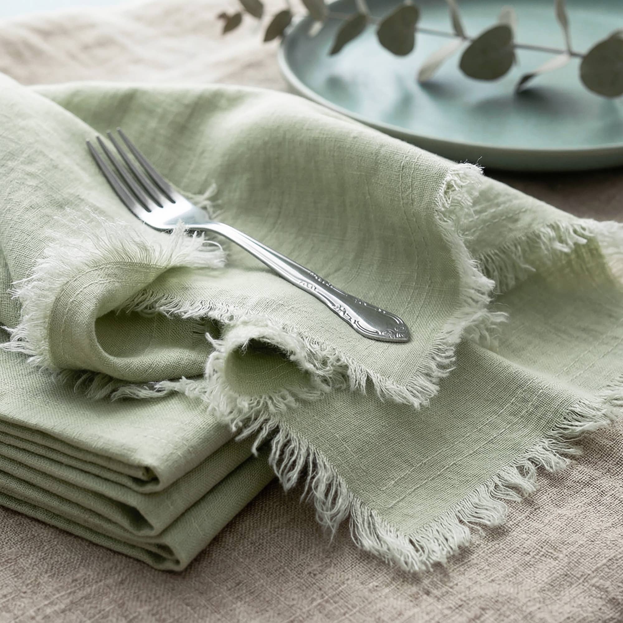 Fringed Raw Edge Pure French Linen Napkins Set of 4 -Sage - Trouvaille Imports