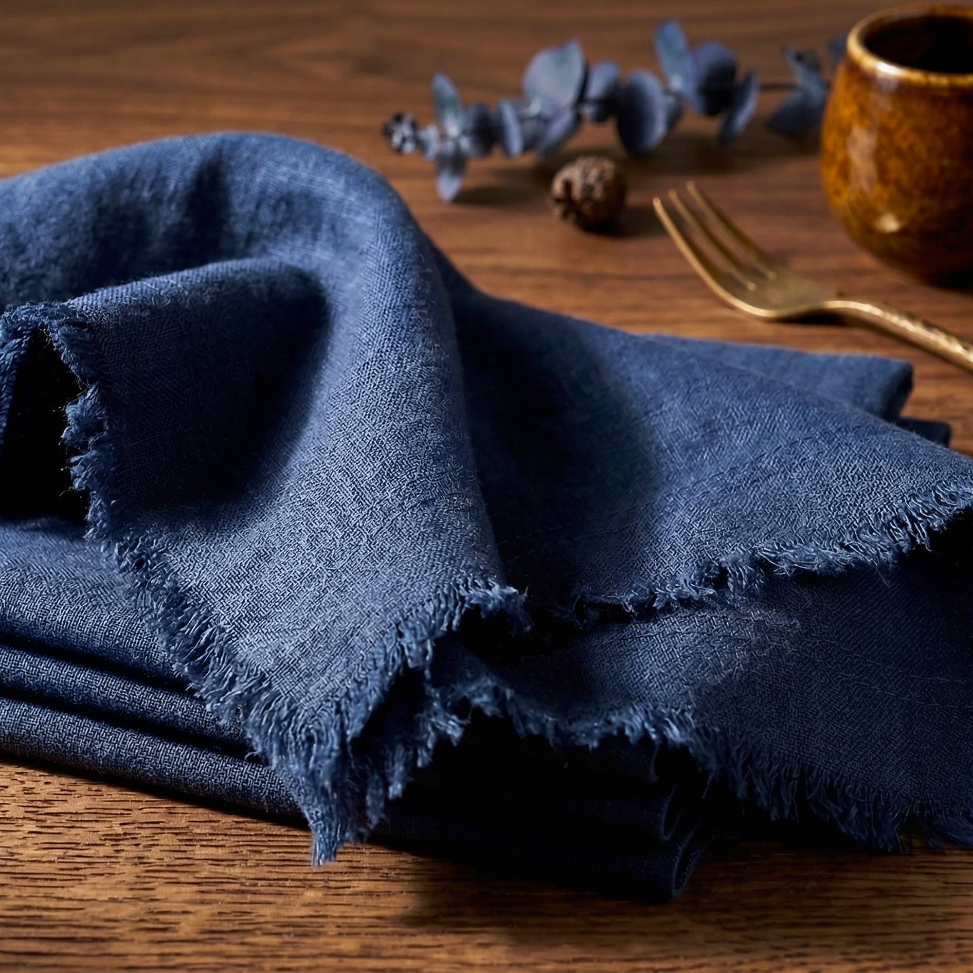 Fringed Raw Edge Pure French Linen Napkins Set of 4 -Navy - Trouvaille Imports