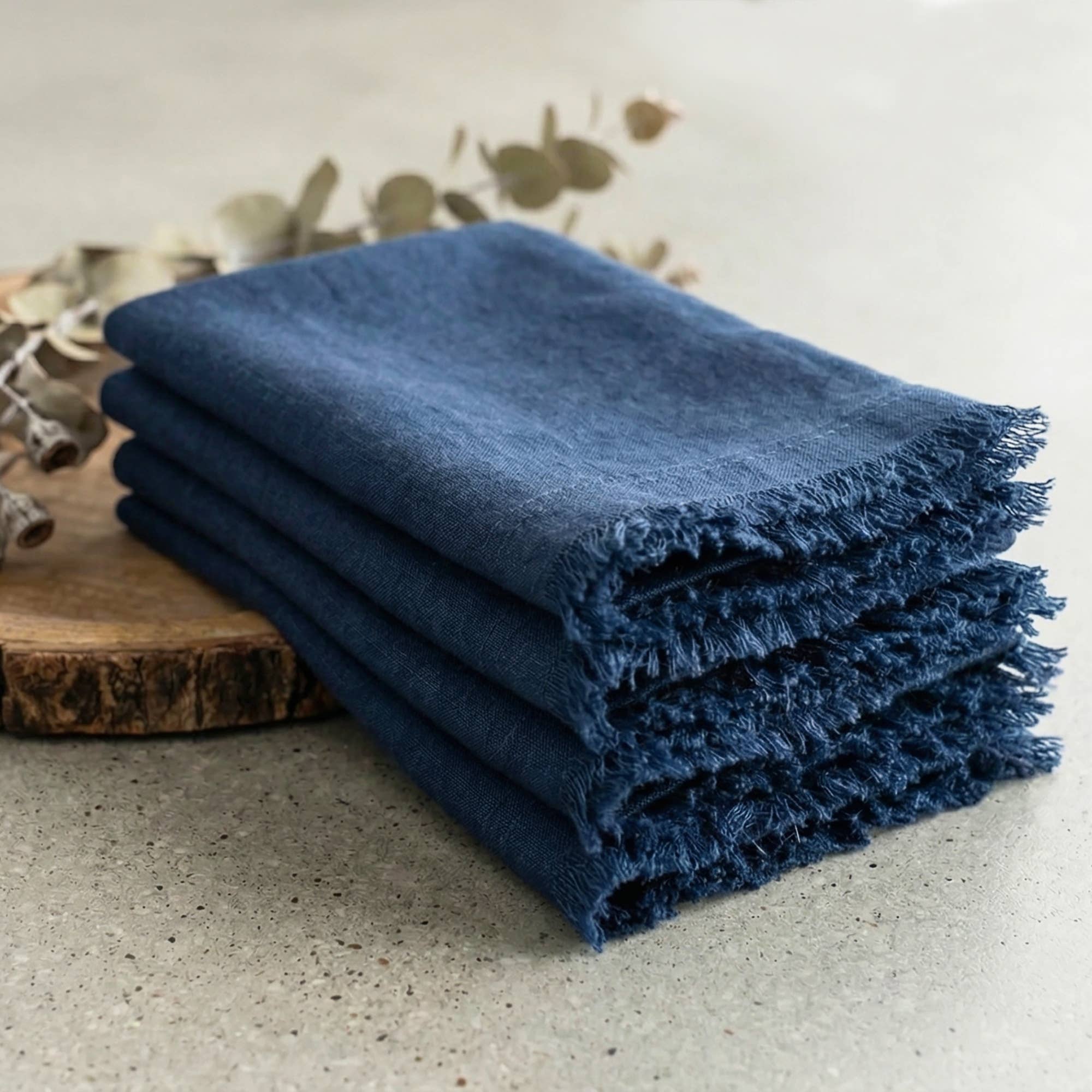 Fringed Raw Edge Pure French Linen Napkins Set of 4 -Navy - Trouvaille Imports