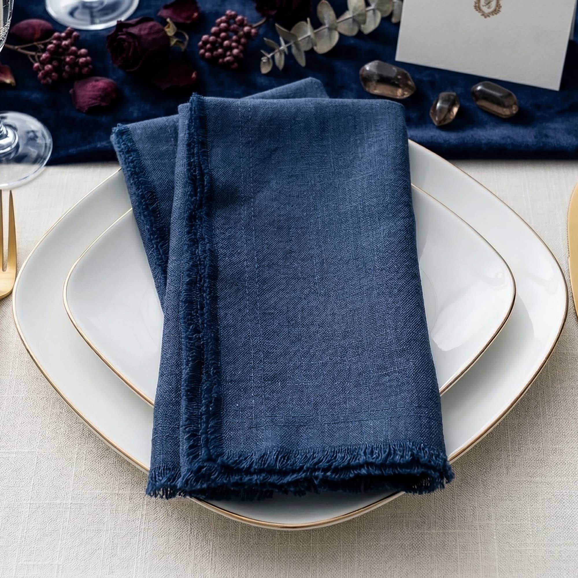 Fringed Raw Edge Pure French Linen Napkins Set of 4 -Navy - Trouvaille Imports