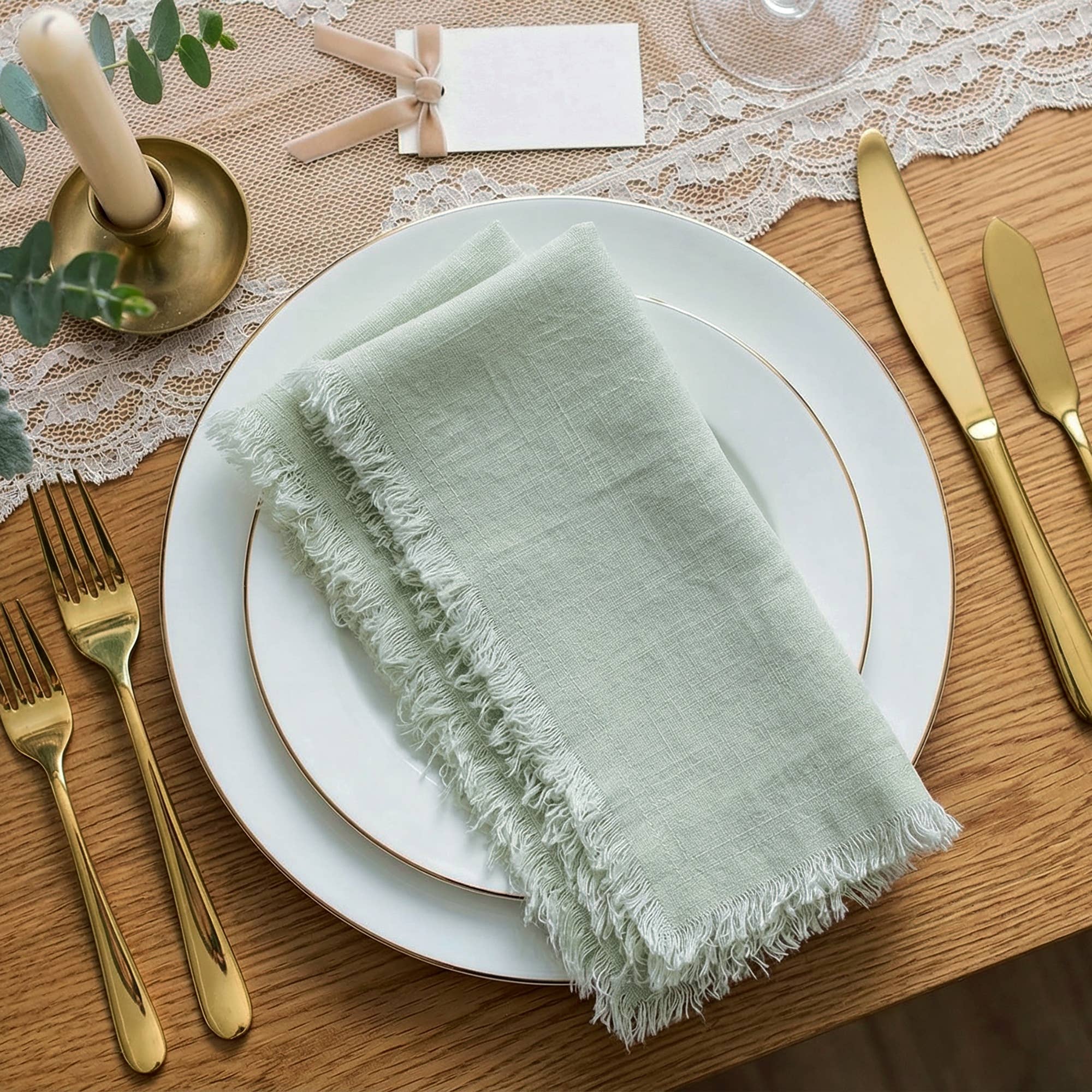 Fringed Raw Edge Pure French Linen Napkins Set of 4 -Sage - Trouvaille Imports