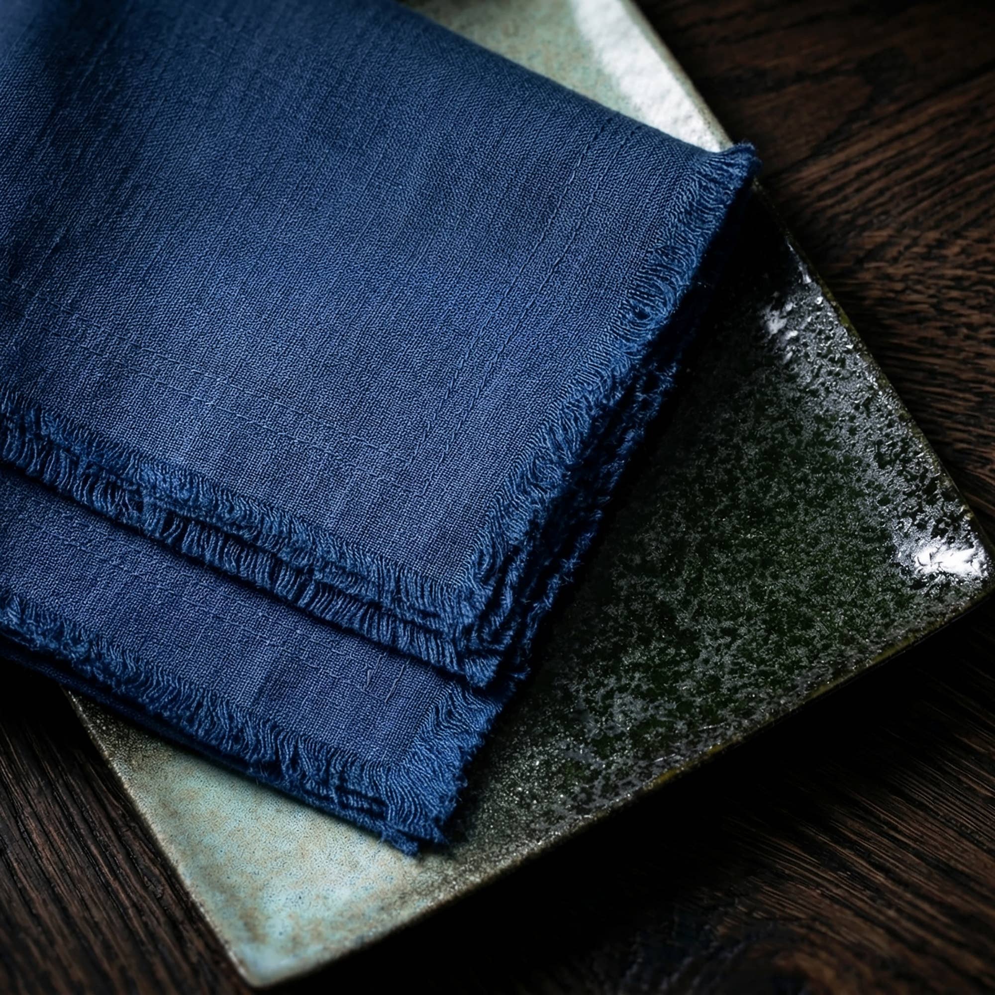 Fringed Raw Edge Pure French Linen Napkins Set of 4 -Navy - Trouvaille Imports
