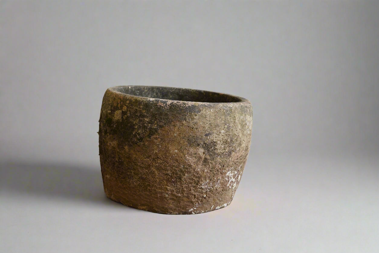 Round Vintage, Hand-Carved Limestone Planter with beautiful natural aging and patina.&nbsp;

Dimensions: 24" D x 20" H
