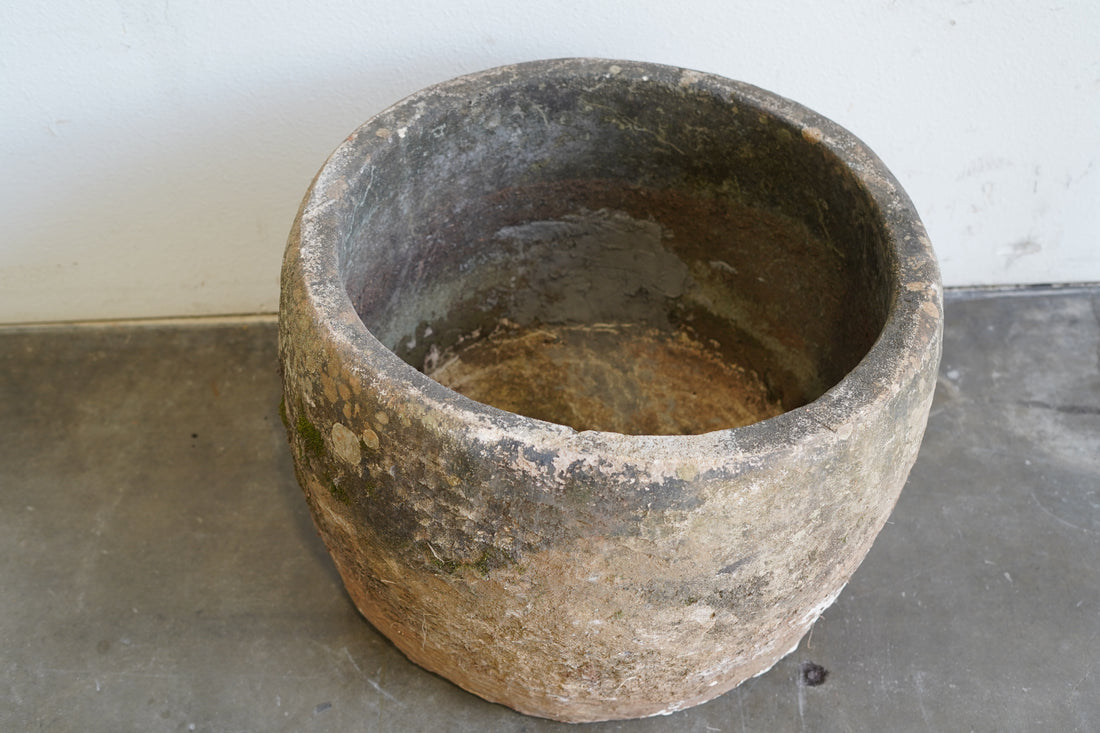 Top down view of Round Vintage, Hand-Carved Limestone Planter with beautiful natural aging and patina.&nbsp;

Dimensions: 24" D x 20" H
