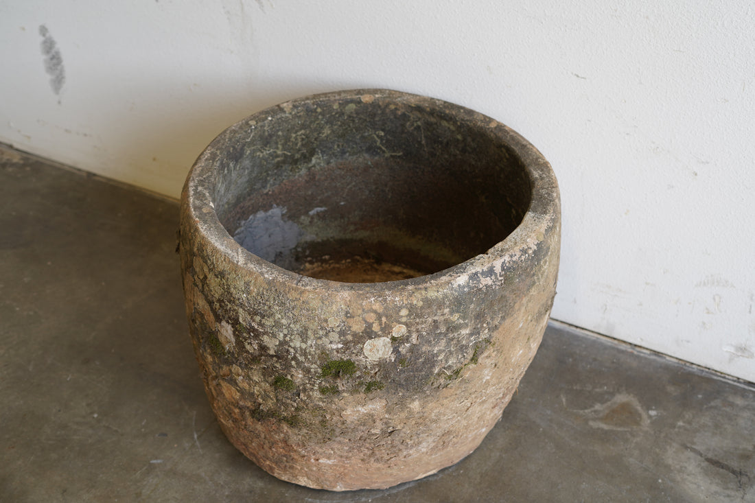 Top view of Round Vintage, Hand-Carved Limestone Planter with beautiful natural aging and patina.&nbsp;

Dimensions: 24" D x 20" H
